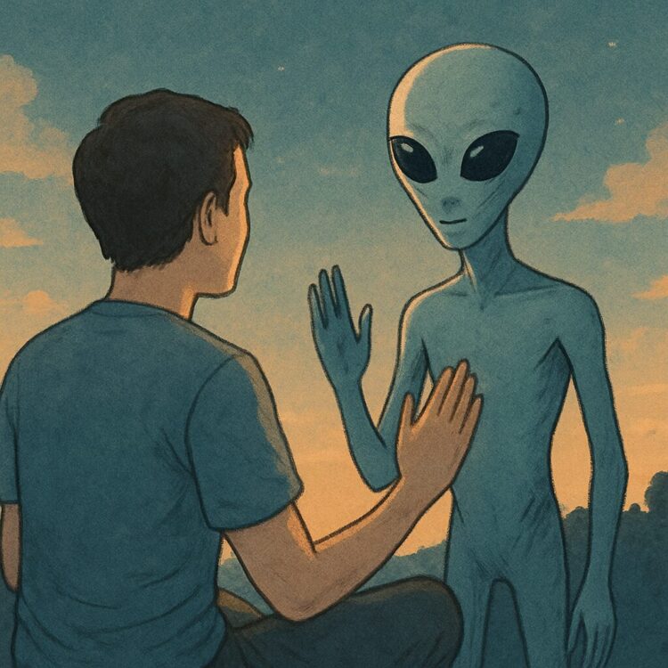 宇宙人と出会い、会話する場面を具体的に思い描