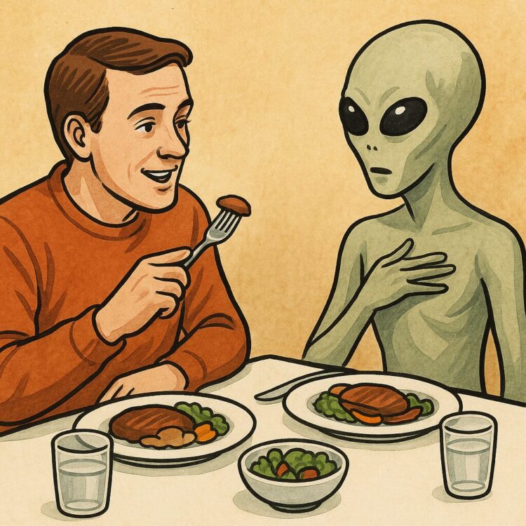 宇宙人に地球の料理を食べさせて感想を聞く